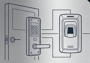 Diagrama metálico de puerta con control de acceso y lector biométrico