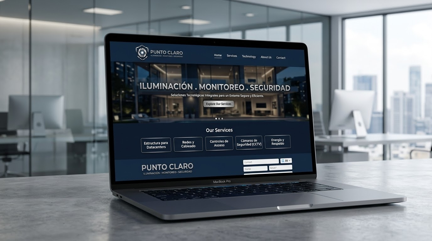Laptop con una propuesta digital de Punto Claro en una oficina moderna