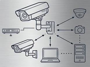 Diagrama metálico de cámaras conectadas a un sistema de seguridad y monitoreo